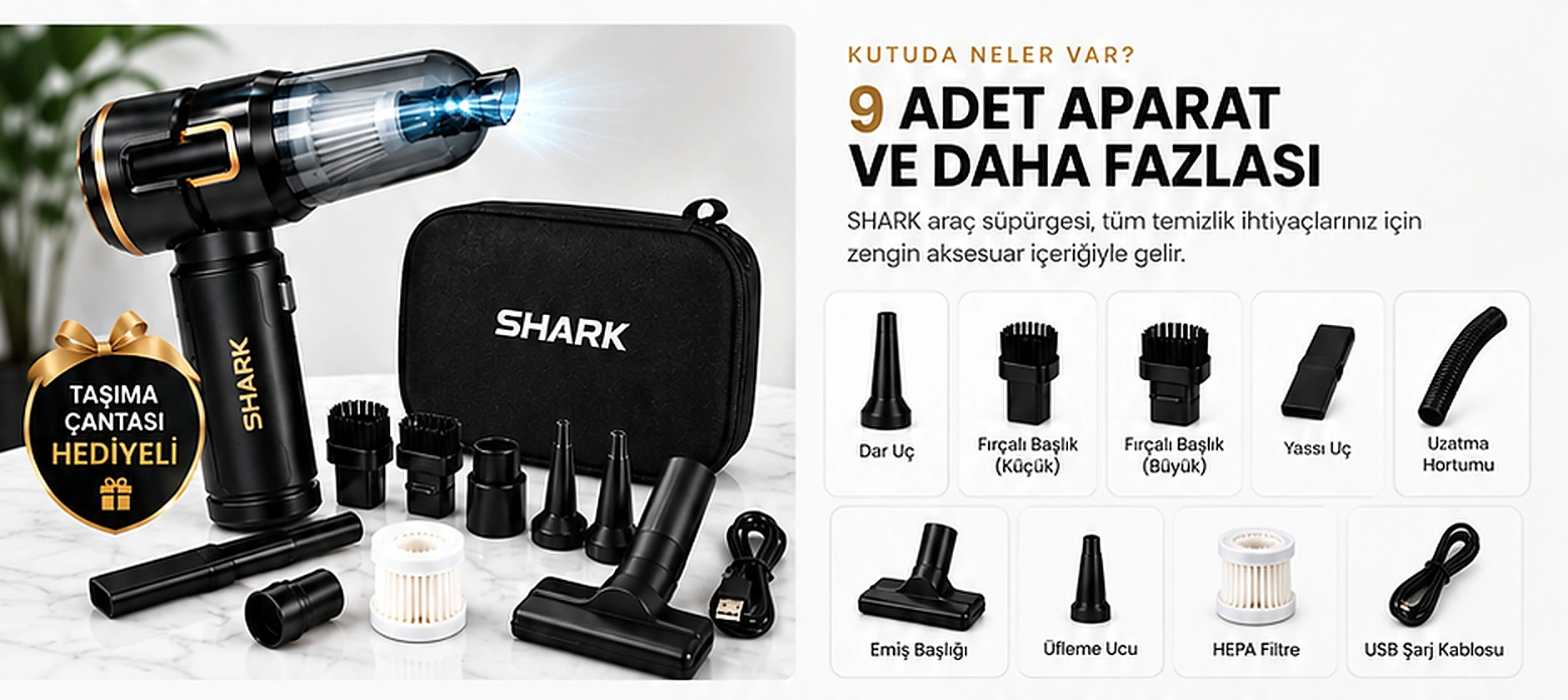 SHARK araç süpürgesi kutu içeriği ve aksesuarları