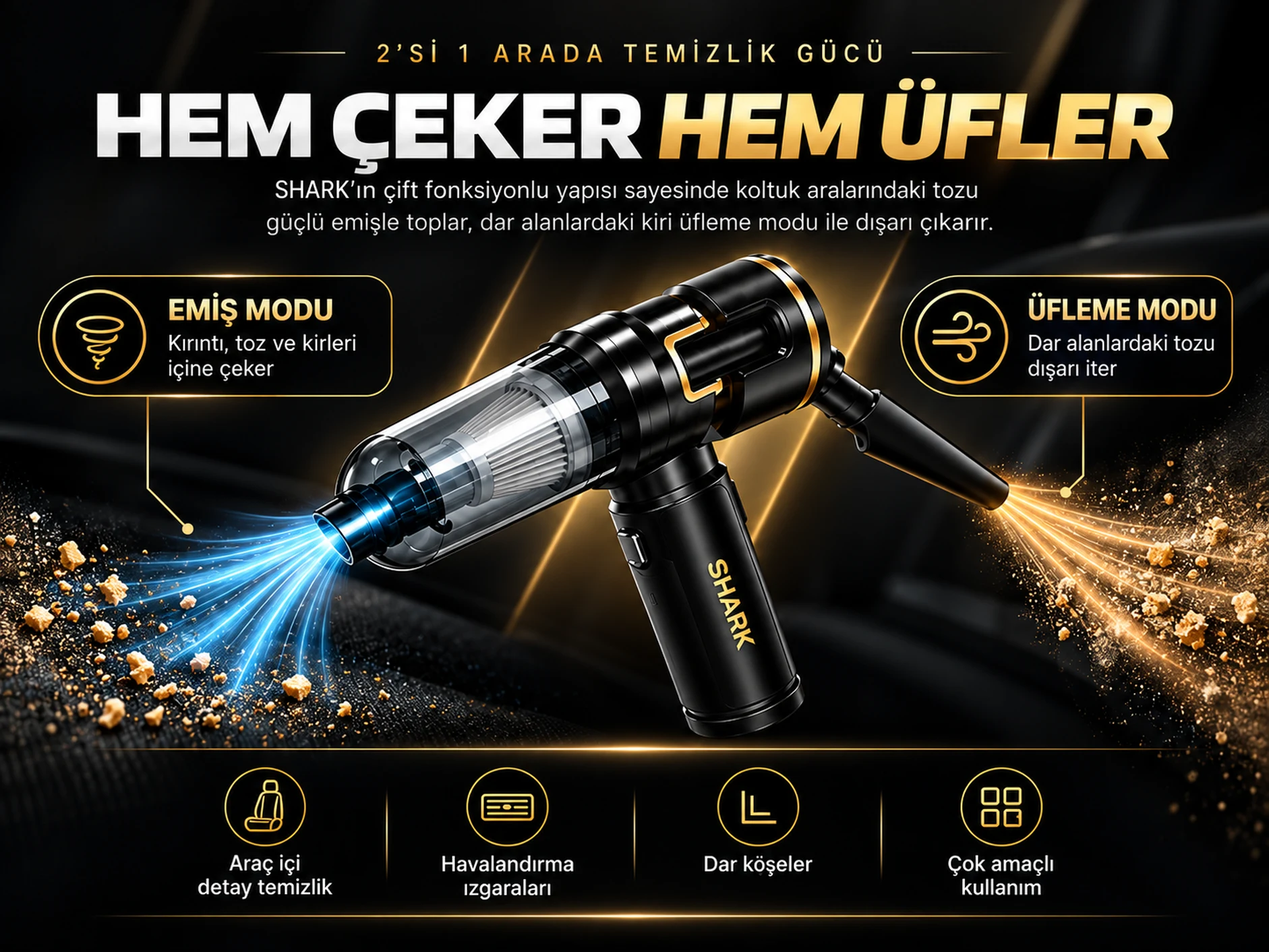SHARK hem çeker hem üfler, emiş ve üfleme özellikli araç süpürgesi